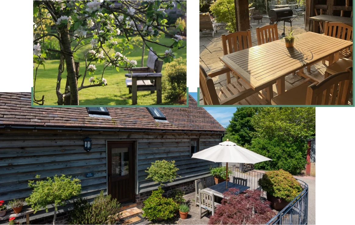 Some images of the outdoor spaces including benches, tables and chairs and the raised patio