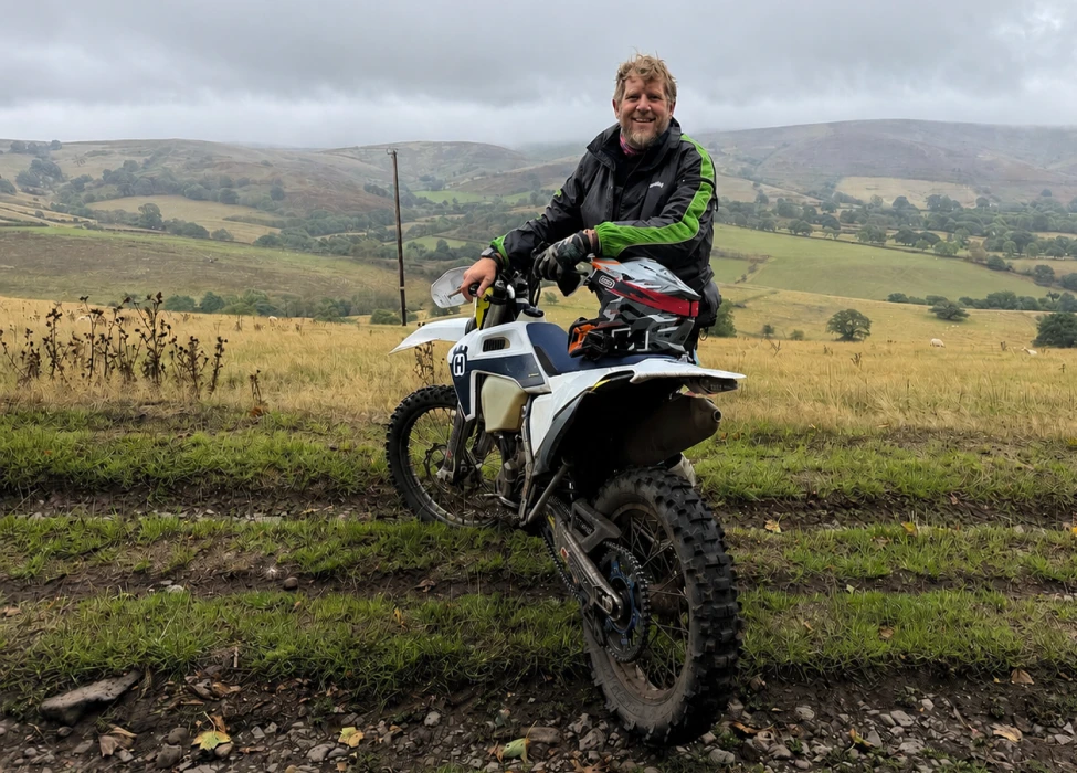 Chris from Bikes and B Roads on his motorbike in the Shropshire Countryside